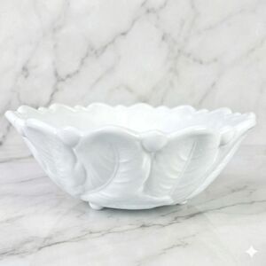 Vintage White Milk Glass Footed Bowl Scalloped Leaf Floral Embossed Cottagecore